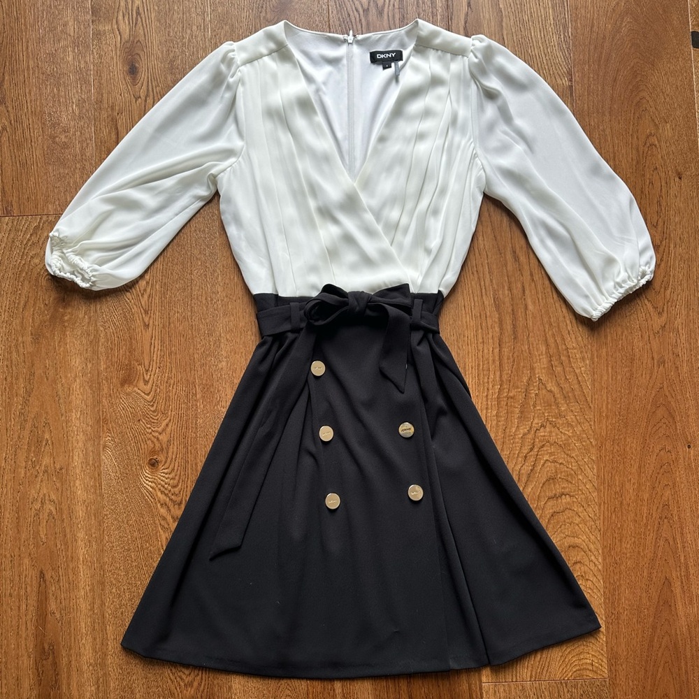 DKNY Black & White Wrap-Style Dress with Gold Button Detail, size 6